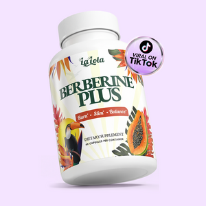Supplement bottle labeled 'Berberine Plus' with colorful design on a light purple background