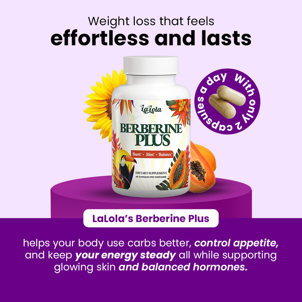 LaLola Berberine Plus supplement bottle with promotional text on a purple background
