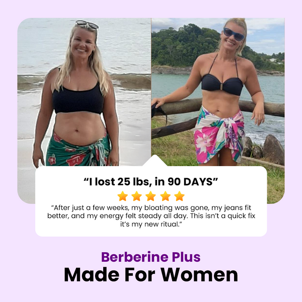 Before and after comparison of a woman with text about weight loss using Berberine Plus, set against a scenic background.