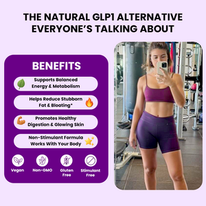 Woman in gym attire with health benefits text overlay on a purple background