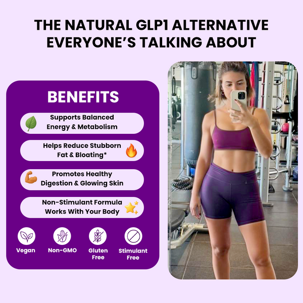 Woman in gym attire with health benefits text overlay on a purple background