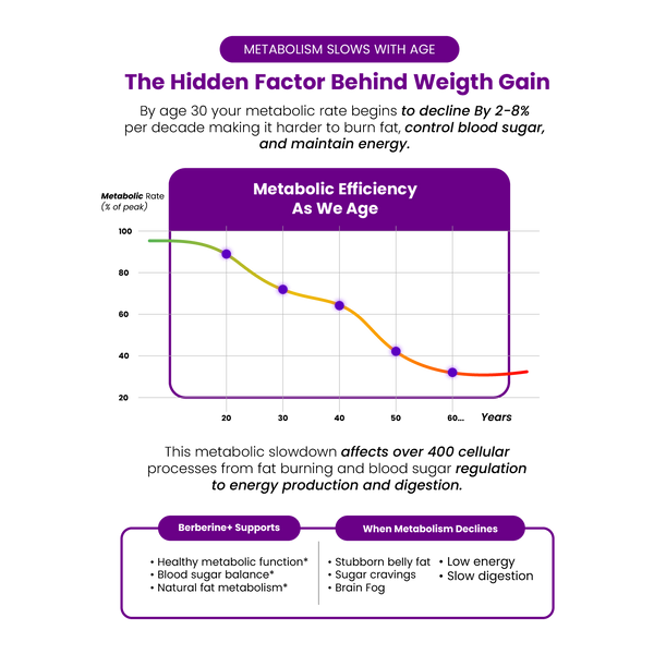 Graph showing metabolic efficiency decline with age and text about metabolism slowing with age.