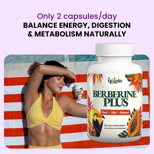 Supplement bottle labeled 'Berberine Plus' with a woman in a yellow bikini on a beach.