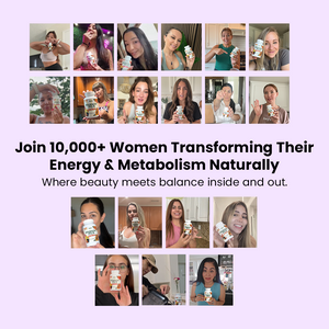 Collage of women holding a product with text about joining a community for energy and metabolism transformation.