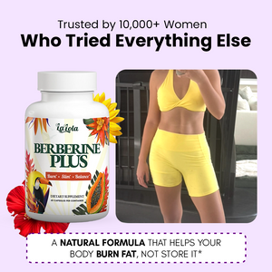 Supplement bottle labeled 'Berberine Plus' with a woman in yellow athletic wear on a light purple background.