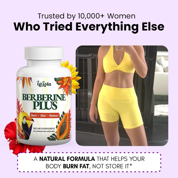 Supplement bottle labeled 'Berberine Plus' with a woman in yellow athletic wear on a light purple background.
