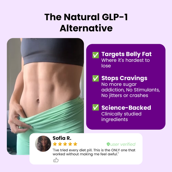Advertisement for a natural GLP-1 alternative with a person showing theirresults and promotional text on a purple background with a testimonial